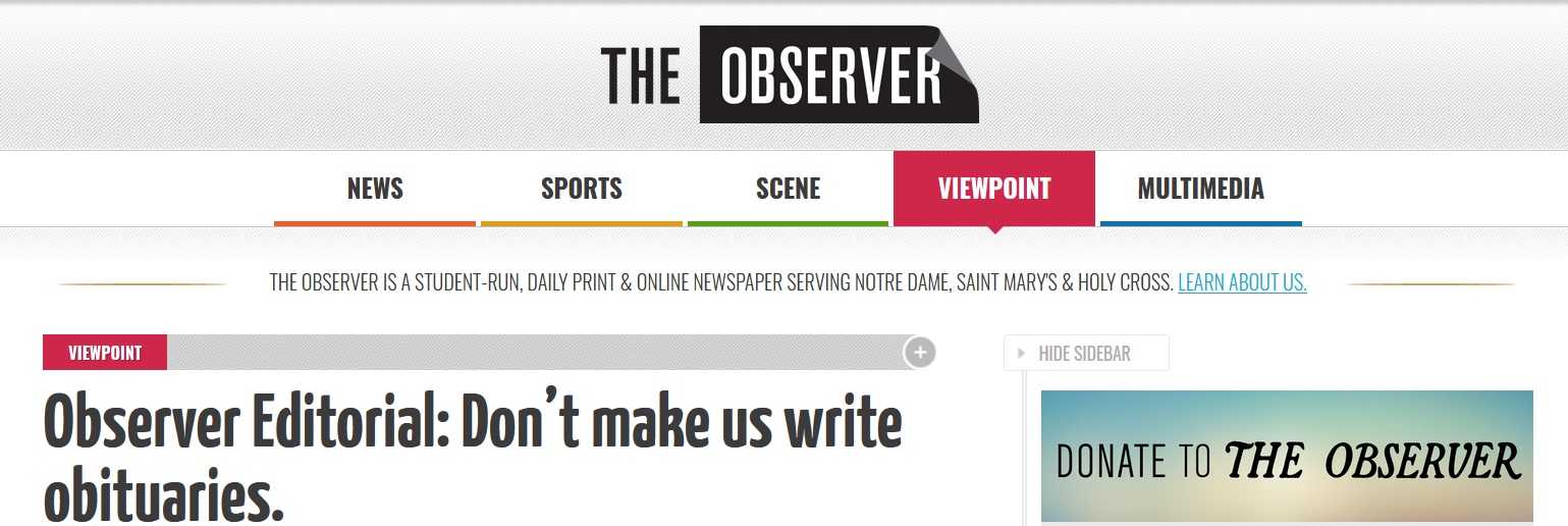 University of Notre Dame Student Newspaper: “Don’t make us write